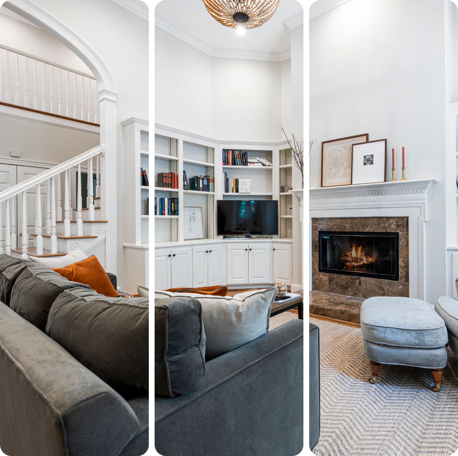 Finished basement living area with stone fireplace, built in bookcase, television, and staircase in Mason, Ohio
